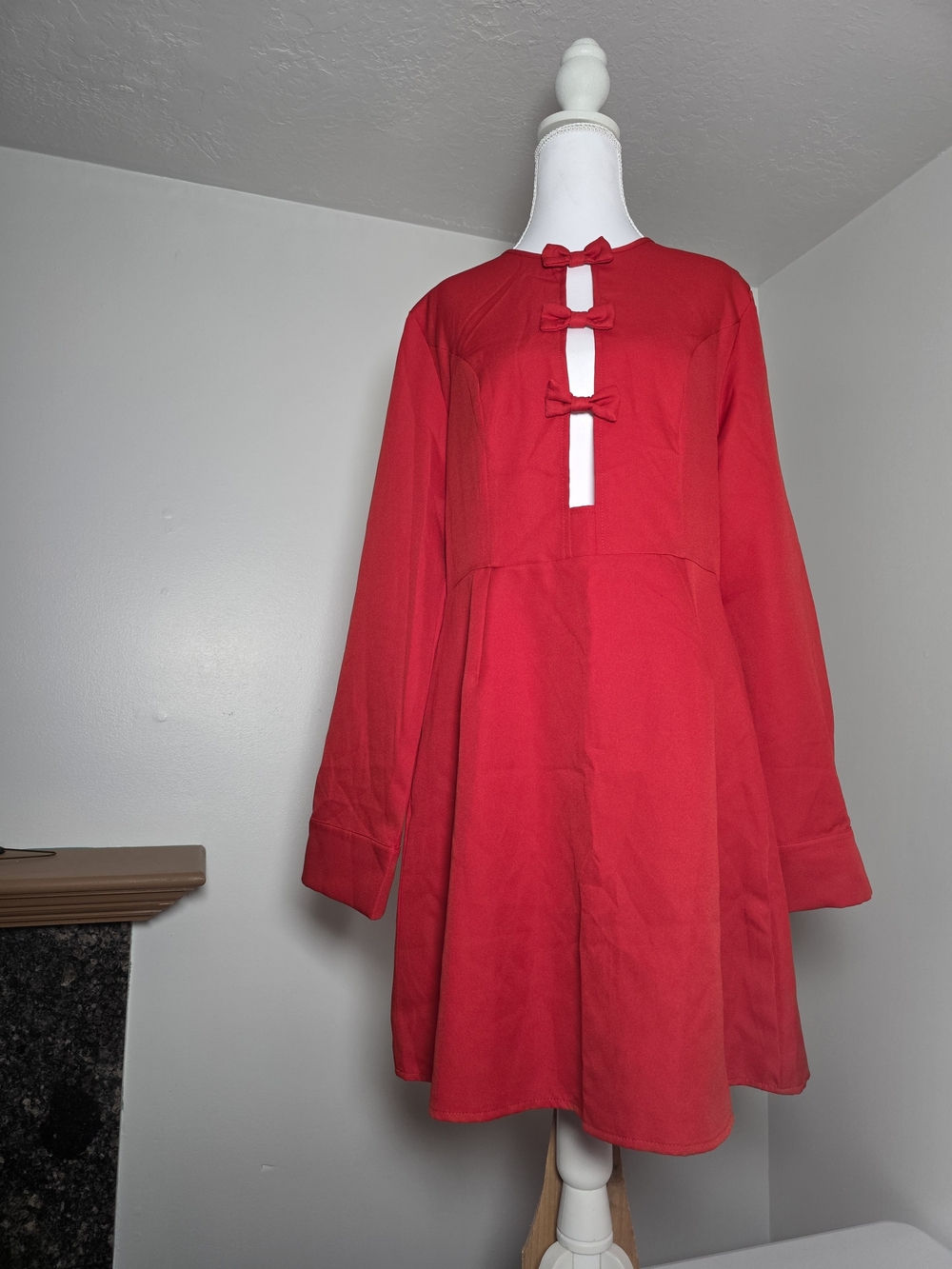 SHEIN Red Long-Sleeve Bow-Trim Fit-and-Flare Dress